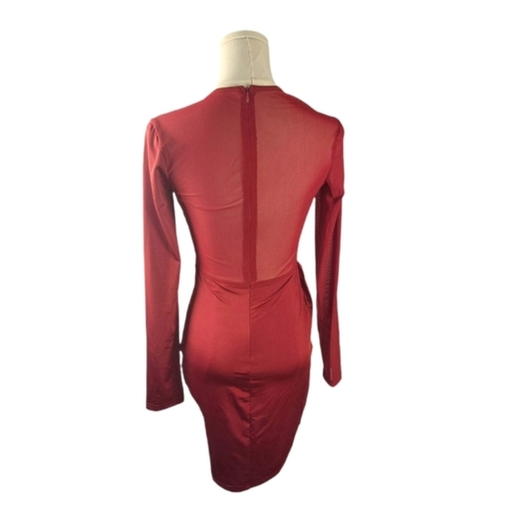 Privy Burgundy Mesh Panel Draped Bodycon Mini Dress S Sheer Sexy Red Long Sleeve - Picture 12 of 12
